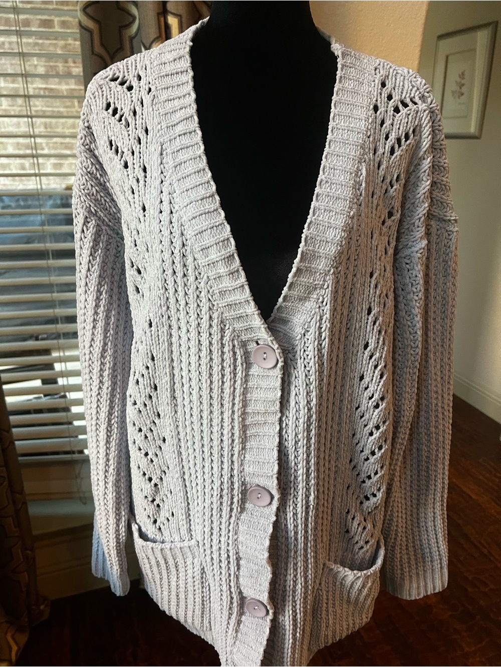 Miracle Brand Light Gray/Blue Button-Front Cardigan Sweater